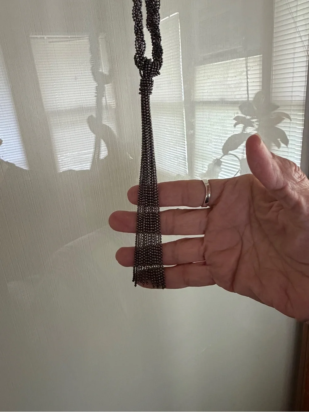 Long Gunmetal Beaded Tassel Necklace Braided Tiny Bead Statement 32”